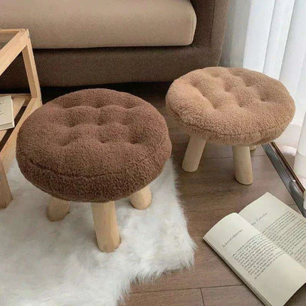 Scandinavian Round Wooden Pouf Stool with Easy-Care Cover - Très Elite