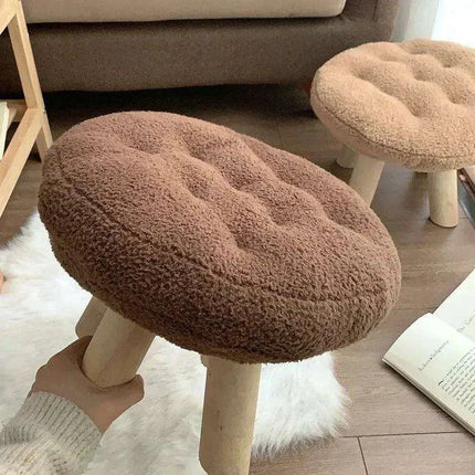 Scandinavian Round Wooden Pouf Stool with Easy-Care Cover - Très Elite