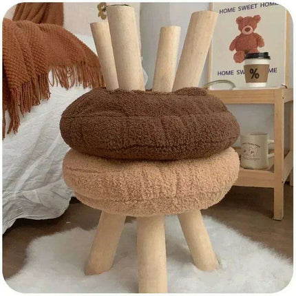 Scandinavian Round Wooden Pouf Stool with Easy-Care Cover - Très Elite