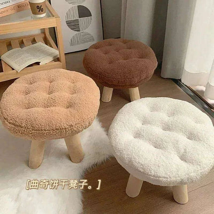 Scandinavian Round Wooden Pouf Stool with Easy-Care Cover - Très Elite