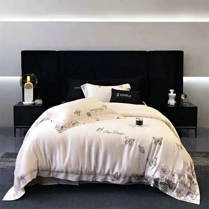 Luxury Butterfly Floral Embroidery Duvet Cover Set - Soft Lyocell Eucalyptus Fiber Bedding with Pillowcases and Flat Sheet
