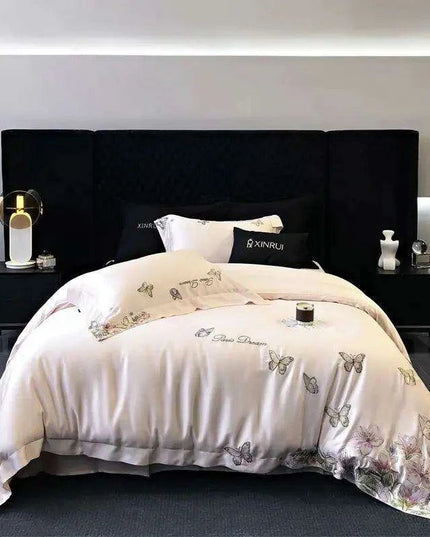 Luxury Butterfly Floral Embroidery Duvet Cover Set - Soft Lyocell Eucalyptus Fiber Bedding with Pillowcases and Flat Sheet