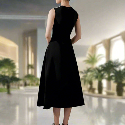 Elegant Sleeveless Women's Party Dress with Bow Accent and Cut-Out Waist - Solid Color Summer Fashion 2024