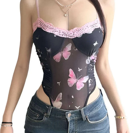 Floral Lace Backless Mesh Bodysuit with Spaghetti Straps and Bow Detail for Women