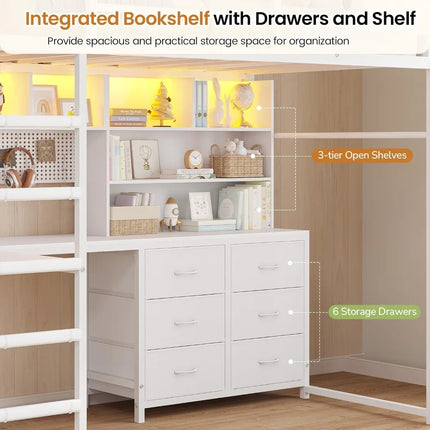Full Loft Bed with L-Shaped Desk, Bookshelf & Charging Station, Metal Full Size with 6 Drawers, LED Lights, White full-loft-bed-with-l-shaped-desk-bookshelf-charging-station-metal-full-size-with-6-drawers-led-lights-white