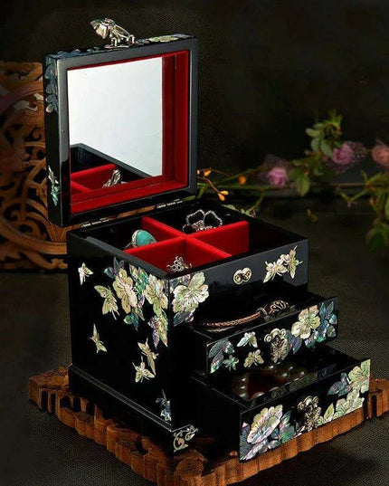 Handcrafted Mother-of-Pearl Jewelry Box with Enchanting Butterfly and Peony Design - Ideal for Storing Bangles and Keepsakes