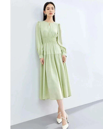 Elegant Light Green Puff Sleeve Midi Dress - Spring Pullover Round Neck for Women 2024