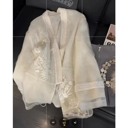 Chinese Embroidery V-Neck Mesh Shirt for Women