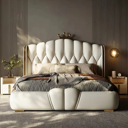 Airow Eco-Leather Upholstered Bed Frame — Mid-Century Design, Pine Wood Base