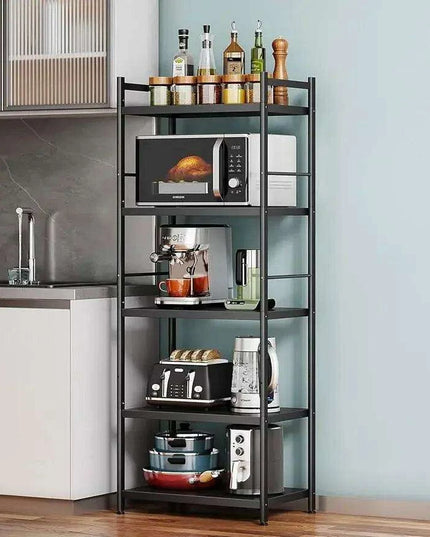 Multi-Functional 5-Tier Black Metal Storage Rack for Home and Kitchen