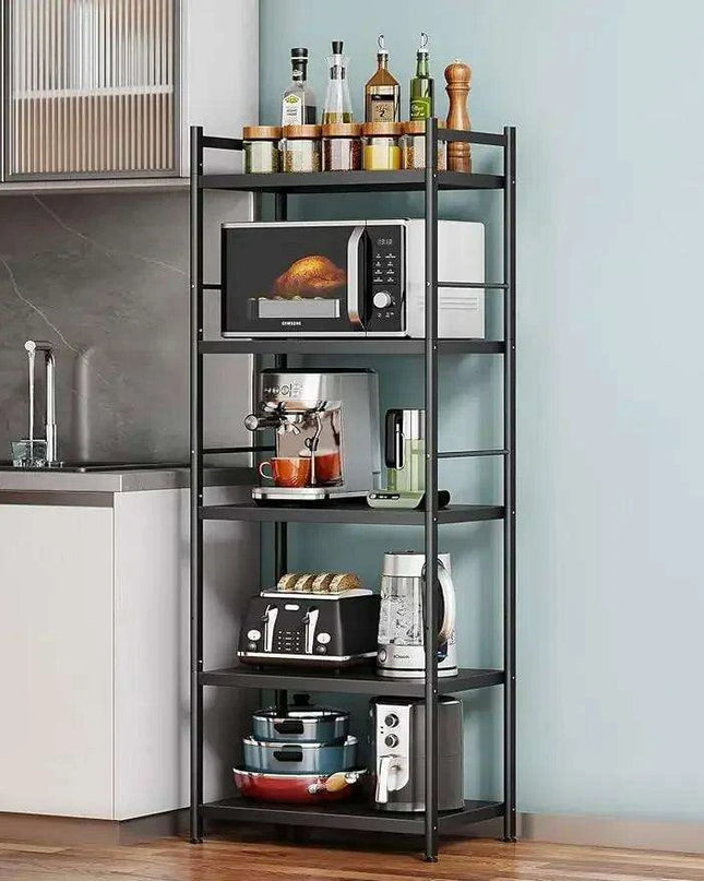 Multi-Functional 5-Tier Black Metal Storage Rack for Home and Kitchen
