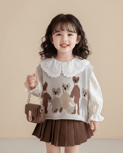 Charming 3-Piece Girls' Outfit Set: Knitted Vest, Lace Collar Blouse, and Pleated Skirt for Infants