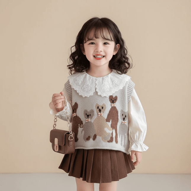 Charming 3-Piece Girls' Outfit Set: Knitted Vest, Lace Collar Blouse, and Pleated Skirt for Infants