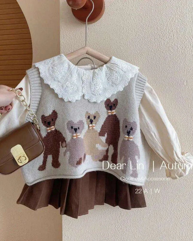 Charming 3-Piece Girls' Outfit Set: Knitted Vest, Lace Collar Blouse, and Pleated Skirt for Infants