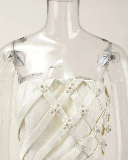 Striking Strapless High-Waisted Evening Gown with Unique Artistic Patchwork