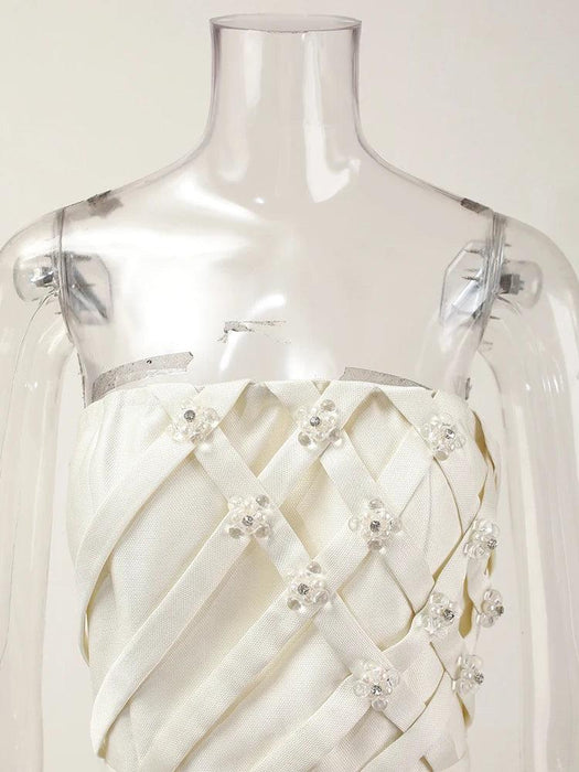 Striking Strapless High-Waisted Evening Gown with Unique Artistic Patchwork