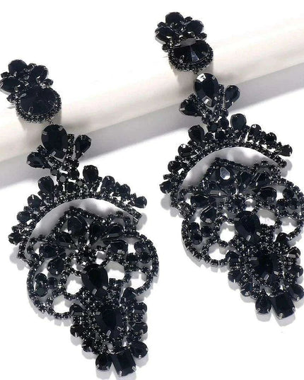 Glamorous Black Crystal and Rhinestone Dangle Earrings - Luxurious Statement Accessory