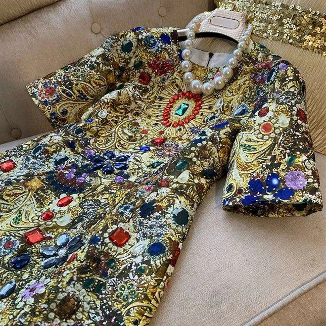 Elegant Vintage-Inspired Rhinestone Embellished Above Knee Dress