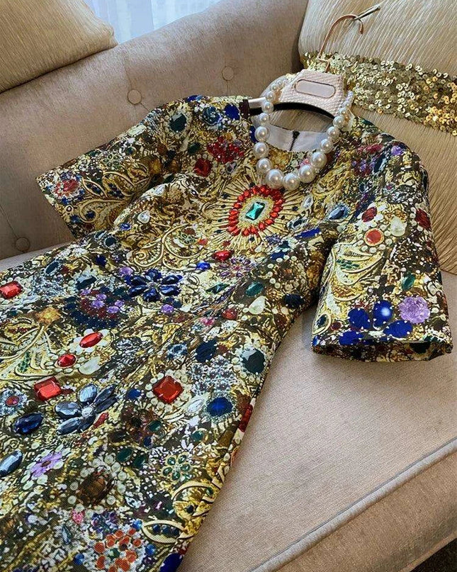 Elegant Vintage-Inspired Rhinestone Embellished Above Knee Dress