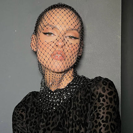 Shop1104549983 Shiny Rhinestone Balaclava Headcover - Elastic Fishnet