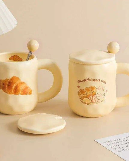 Whimsical Korean Cartoon Ceramic Mug Set with Lid and Spoon - Playful Drinkware Delight