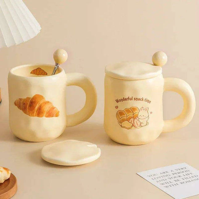 Whimsical Korean Cartoon Ceramic Mug Set with Lid and Spoon - Playful Drinkware Delight