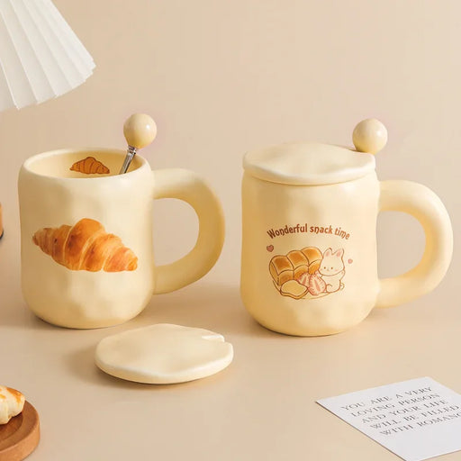 Charming Korean-Style Cartoon Ceramic Mug Set with Spoon and Lid