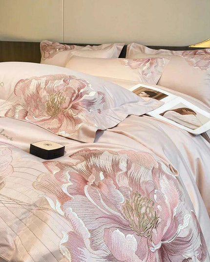 Elegant Floral Embroidery Cotton Bedding Collection - 4-Piece Duvet Cover Set with Sheets and Pillowcases in Soft Pink, Gray, and Blue