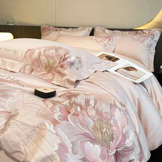 Elegant Floral Embroidery Cotton Bedding Collection - 4-Piece Duvet Cover Set with Sheets and Pillowcases in Soft Pink, Gray, and Blue