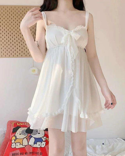 Sophisticated White Women's Lace Bow Sleepwear Collection - Chic Mesh Gown and Robe Set