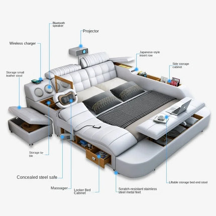 Leather Smart Bed with Built-In Massage, Overhead Projector & Underbed Storage