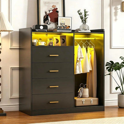 4-Drawer Dresser with Clothes Rack, LED Light, Power Outlet, Shelf, Bedroom Storage, 15.7"D x 43.3"W x 45.7"H, Customized 4-drawer-dresser-with-clothes-rack-led-light-power-outlet-shelf-bedroom-storage-15-7d-x-43-3w-x-45-7h-customized