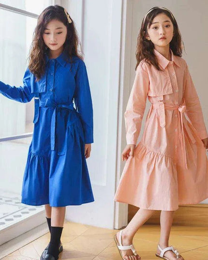 Girls' Spring Autumn Button-Up Dress in Solid Blue and Pink for Ages 6-16