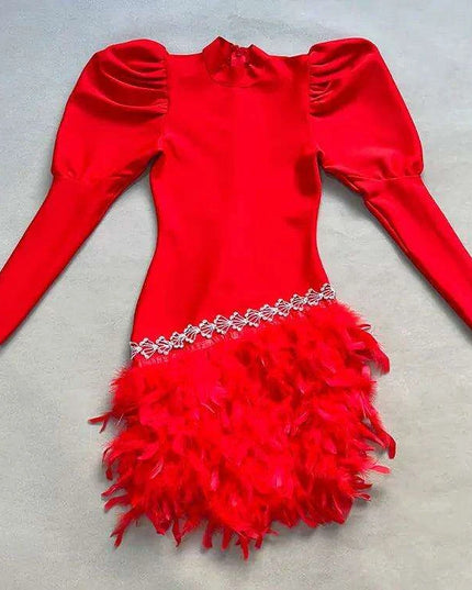 Glamorous Diamond & Feather Bubble Sleeve Bodycon Mini Dress - Dazzling Elegance