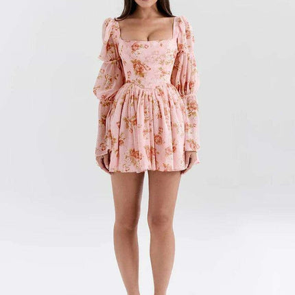 Floral Ruffled Puff Sleeve Backless Mini Dress for Women - Chic Party Clubwear