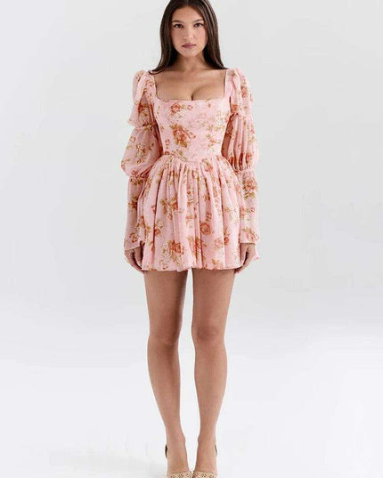 Floral Ruffled Puff Sleeve Backless Mini Dress for Women - Chic Party Clubwear