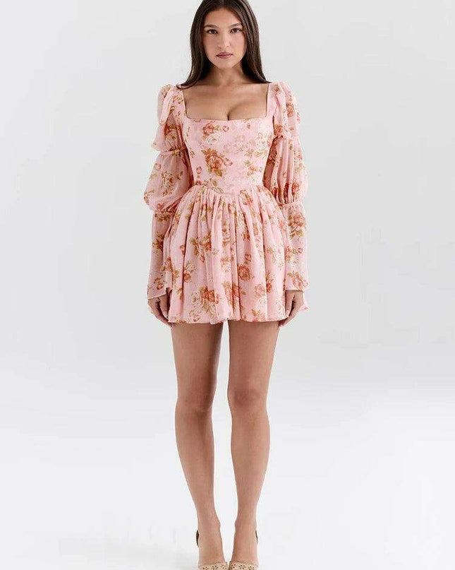 Floral Ruffled Puff Sleeve Backless Mini Dress for Women - Chic Party Clubwear
