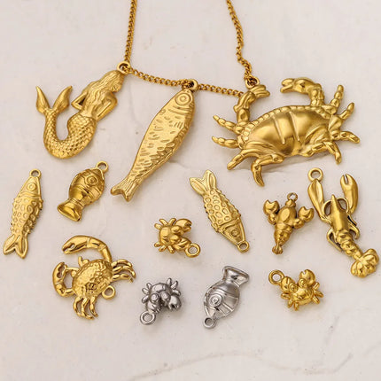 5PCS Stainless Steel Lobster Charms Mermaid Crab Connectors Gold-Plate