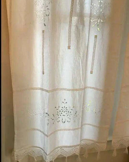 Cotton Kitchen Curtain with Hollow Design and Fun Tassel Trim - 01 panel