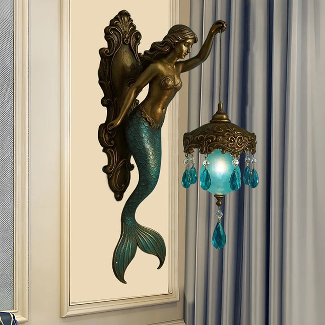 Enchanted Mermaid Wall Lamp — Resin, Frosted Lantern & Crystal Drops
