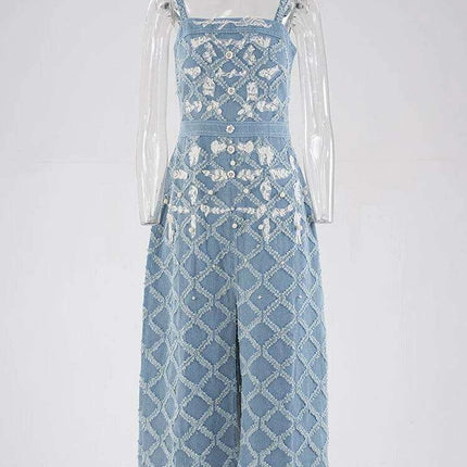 Chic Embroidered Denim Evening Gown with Diamond Detailing - Summer 2024 Edition