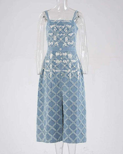 Chic Embroidered Denim Evening Gown with Diamond Detailing - Summer 2024 Edition
