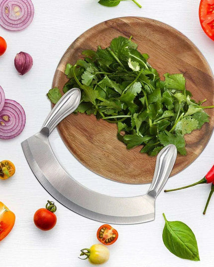 Acacia Wood Culinary Prep Set with Premium Stainless Steel Mezzaluna Chopper