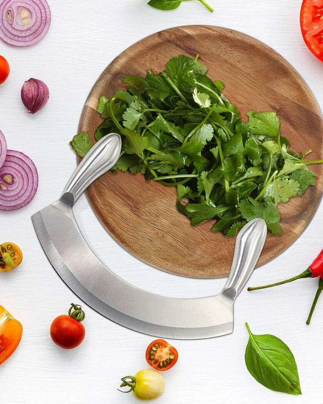 Acacia Wood Culinary Prep Set with Premium Stainless Steel Mezzaluna Chopper