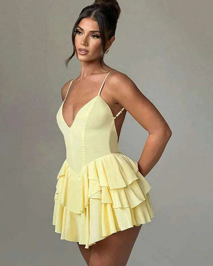 Elegant Backless Ruffled V Neck Summer Mini Dress for Women - Ideal for Parties and Gatherings