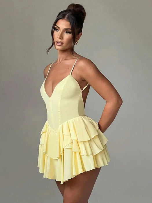 Elegant Backless Ruffled V Neck Summer Mini Dress for Women - Ideal for Parties and Gatherings