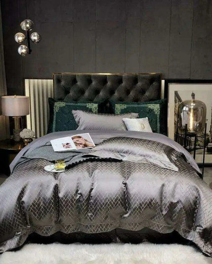 Luxurious Black and Gold Jacquard Egyptian Cotton Duvet Cover Set - 4/6 Piece Collection for Cal King and Queen Sizes with Sheets & Pillowcases