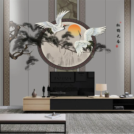 Plum Blossom & Crane Mural Wallpaper — Custom Size, 5 Finishes, Asian Art Style