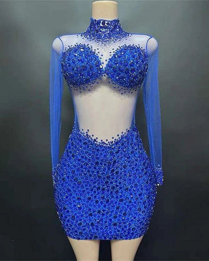 Elegant Sky Blue Sheer Evening Dress with Radiant Diamond Accents