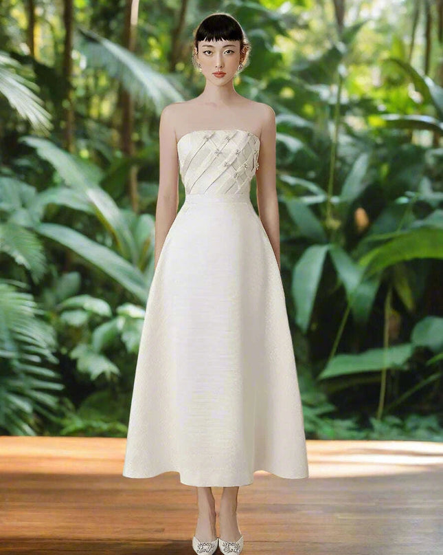 Striking Strapless High-Waisted Evening Gown with Unique Artistic Patchwork